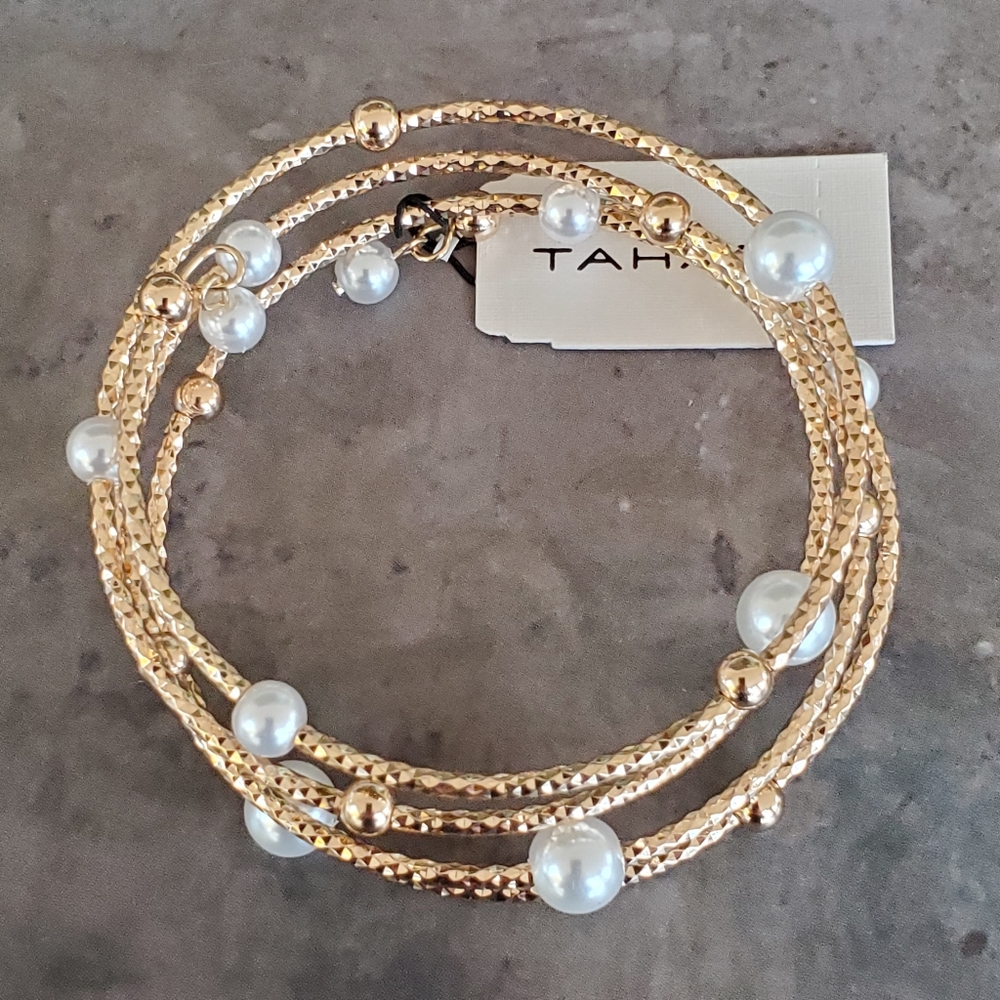 TAHARI Hammered Gold Pearl Coil Bracelet Memory Wire Wrap Spiral Bangle Bypass - Picture 7 of 11